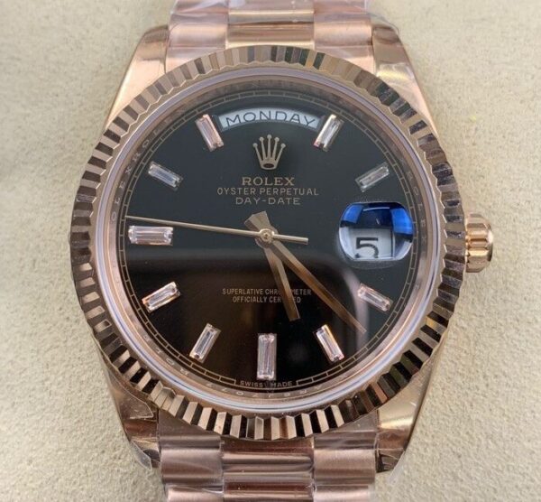 EW Factory Copy Rolex - Day Date Black Dial Rose Gold Watch