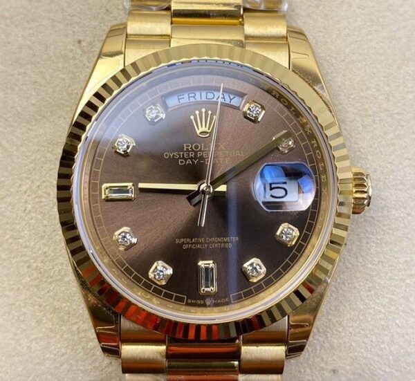 Fake Rolex Day Date - Brown Dial Ladies Gold Watch