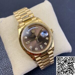 Fake Rolex Day Date - Brown Dial Ladies Gold Watch