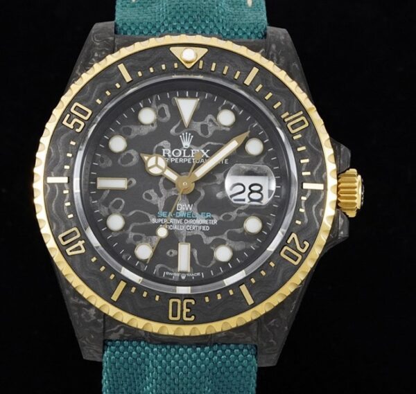 DIW Custom Rolex Fake Sea-Dweller Carbon Fiber Case Gold Bezel – A Fusion of Luxury and Innovation